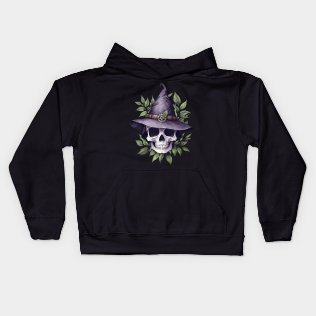 Wildcraft Witchery | Witch Skull | Witch Hat | Darkly Enchanting Skull and Herb | Earthy Skull with Leaves Kids Hoodie by GloomCraft